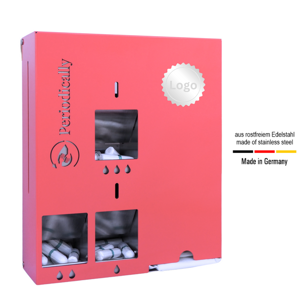 Tampon and sanitary pad dispenser for all tampon sizes with initial filling